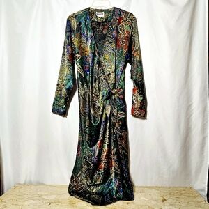 🛑 Vintage 70's VIRGO II Colorful Floral Paisley Satiny Wrap Midi Dress S-M